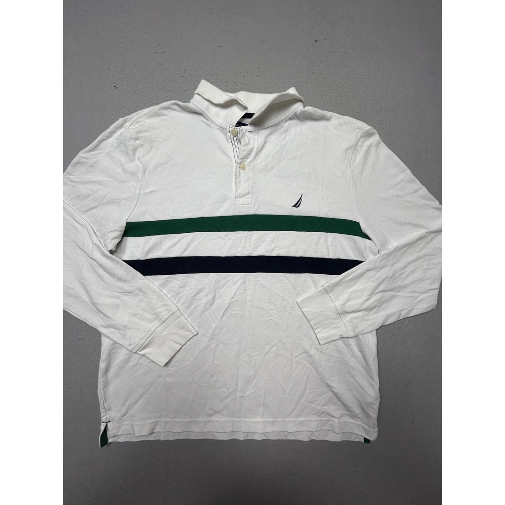 Nautica Polo Shirt Cotton Polyester White Striped Large Mens